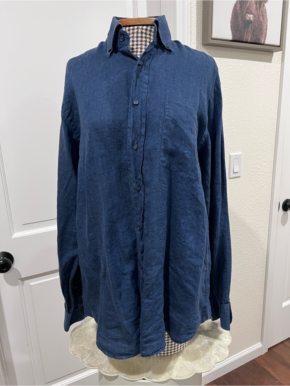 Burberry London Men’s 100% Linen Blue Button Down Shirt Size 2 Equestrian Knight